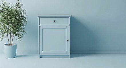 A blue cabinet stands next to a potted plant in a room