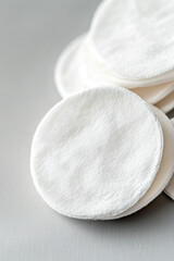 Cotton pads are stacked on a surface, ready for skincare use. Personal care, hygiene, skincare