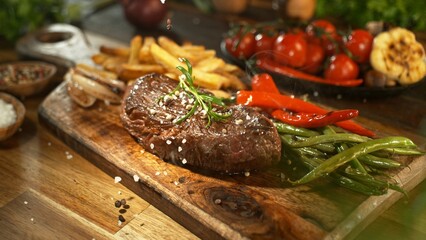 Delicious beef steak on wooden table, close-up