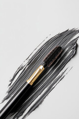 A mascara brush with black bristles lies atop a gray brushstroke pattern on a surface. Beauty and makeup artistry