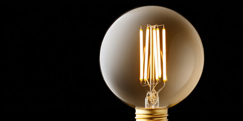 A glowing light bulb with visible filaments is centered. Concept: illumination, energy