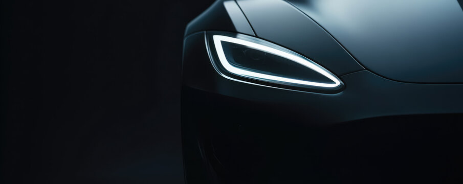 A sleek car with illuminated headlights is positioned in a dimly lit setting. The general concept is modern automotive design