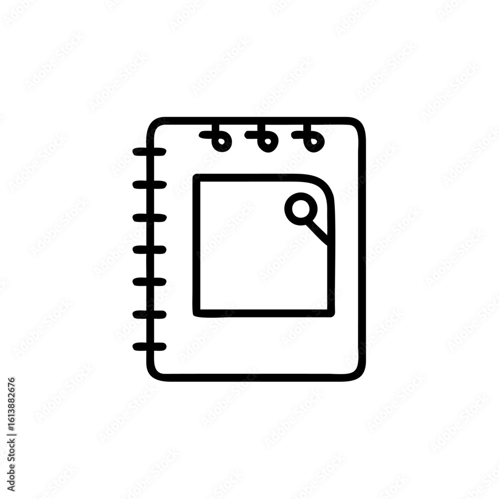 Poster outline spiral bound notebook with magnifying glass icon vector