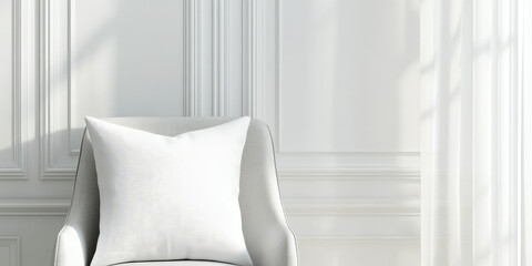 A white pillow rests on a light-colored armchair in front of an elegant paneled wall. Minimalist interior, calm, serene