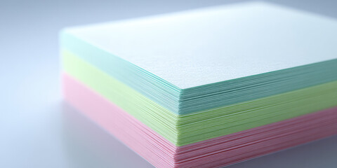A stack of pastel colored paper in shades of blue, green, and pink is shown neatly aligned. Stationery and organization