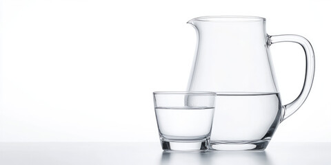 A glass and a pitcher filled with water are placed on a surface. Minimalist still life with clear glass and water