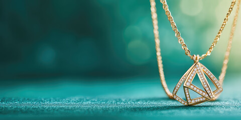 A gold necklace with a geometric pendant lies on a textured surface. Jewelry elegance and luxury