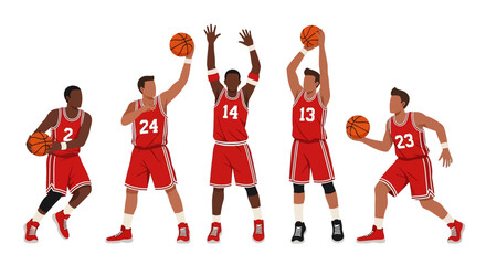 
flat style illustration set of basketball players in various dynamic action poses like shooting, dribbling, and defending, capturing the energy of the court