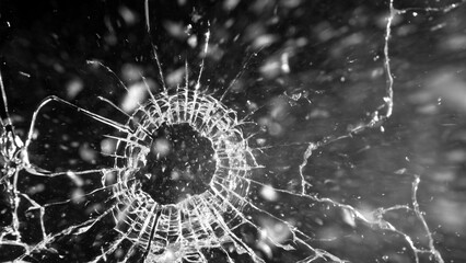 Close-up of gunshot through the glass, shattering against the black background
