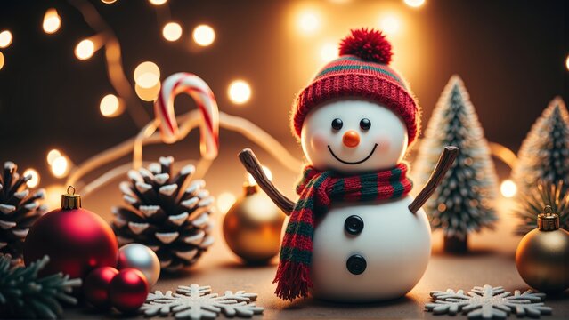 Festive Snowman Surrounded by Christmas Ornaments in Winter Glow