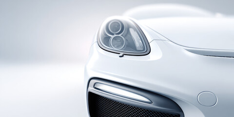 A sleek white sports car front view highlights its headlight and aerodynamic design. Luxury automotive elegance
