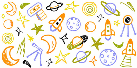 Kids doodle design, Naive baby nature sticker, colorful pencil illustration.