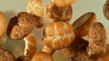 flying fresh savoury pastries on a blurred background