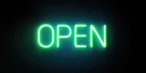 Open sign glowing in bright neon light. Concept of availability and business operating hours