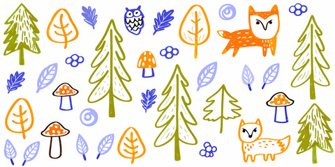 Kids doodle design, Naive baby nature sticker, colorful pencil illustration.