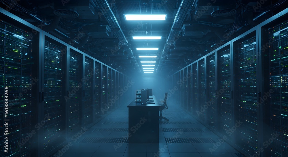 Poster a central workstation sits in a long, dark data center hallway, with rows of server racks illuminate