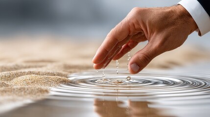 Gentle hand touches sand as ripples form in the water, embodying harmony with nature during the serene golden hour