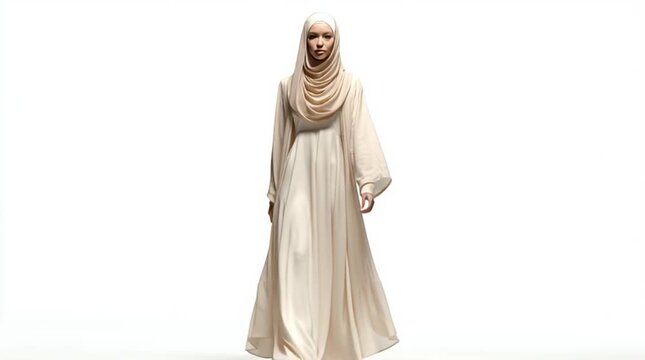 a hejab Muslim woman fashion model  walking runway wearing cream colored long generative ai