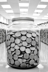 A large glass jar filled with metal coins is placed on a reflective surface surrounded by jars. Savings and prosperity
