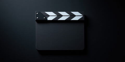 A clapperboard with a black and white chevron design is placed on a neutral surface. Film production tool, movie industry concept