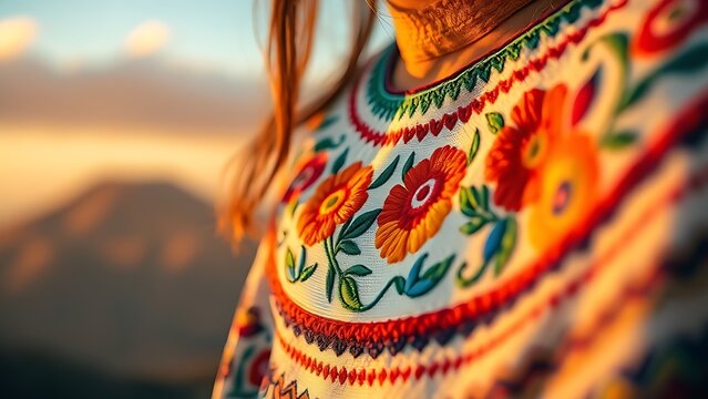 Embroidered huipil collar with floral patterns, highlighting Guatemalan textile artistry.