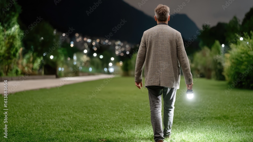 Poster a man stands in an empty field at night, illuminating the grass with a flashlight while shadows stre