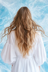 A woman with long wavy hair in a white dress stands back against a textured blue background. \