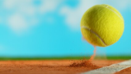 Freeze Motion Detail Shot of Tennis Ball Hitting a Clay Court