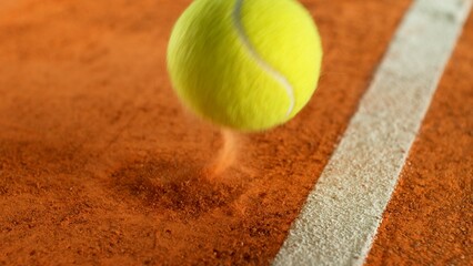 Freeze Motion Detail Shot of Tennis Ball Hitting a Clay Court