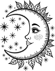 Black and white doodle-style illustration of an autumn harvest crescent moon with starry details and a cute face on a clean white background