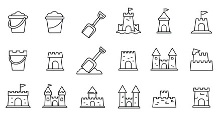 Collection of Simple Black Line Art Sandcastles and Beach Pails