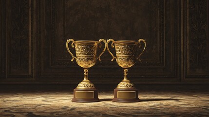 Two ornate golden trophies stand proudly on a patterned rug in a dimly lit room
