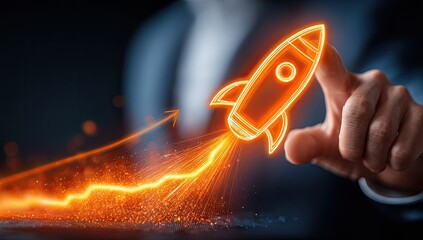 Hand launching a glowing rocket graphic, upward trending line graph
