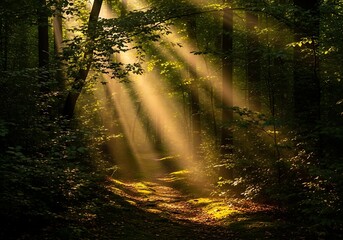 Enchanting forest scene featuring golden sunlight filtering through lush trees creating a magical