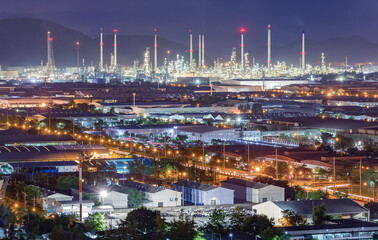 Top view of the oil refinery at twilight