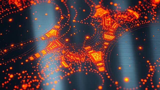 Glowing orange patterns on a metal surface, representing industrial innovation and technology.