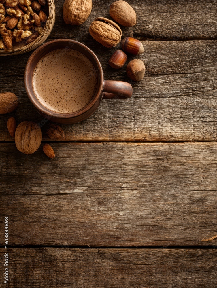 Poster rustic wooden surface with a full mug and assorted nuts creating a cozy atmosphere for relaxation an