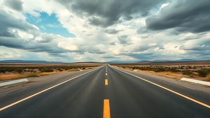 Panoramic view of an empty road under cloudy skies, capturing a serene and open landscape.