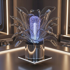 Futuristic Chrome Floral Sculpture Design.
A metallic floral sculpture with neon glow and chrome texture, displayed in a modern interior space.


