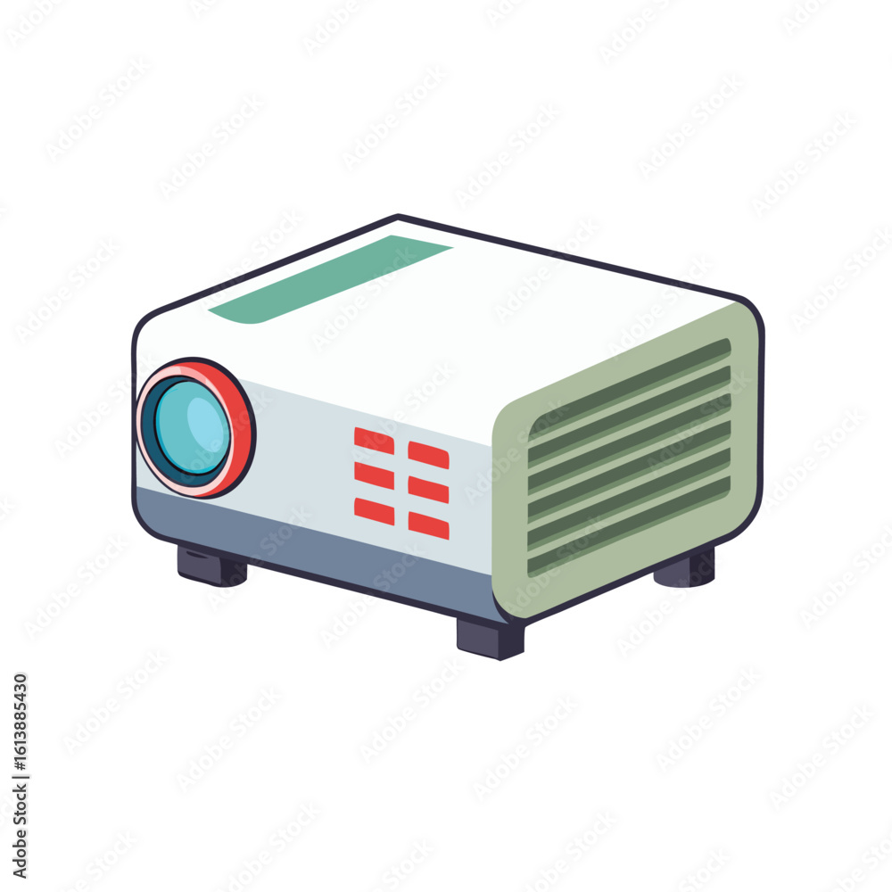 Poster modern digital projector with lens and light beam isolated on white background for presentations and