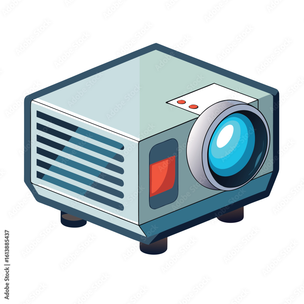 Poster modern digital projector with lens and light beam isolated on white background for presentations and