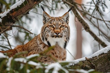 Obraz premium Eurasian lynx resting on snowy branches in a winter forest, displaying its majestic presence and beautiful coat