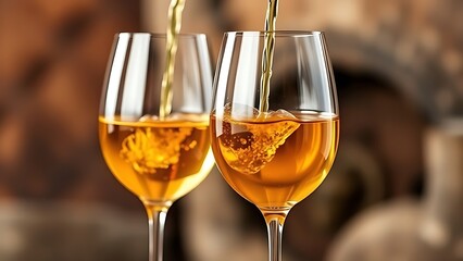 Obraz premium Two elegant wine glasses with golden liquid, capturing the essence of a warm ambiance.