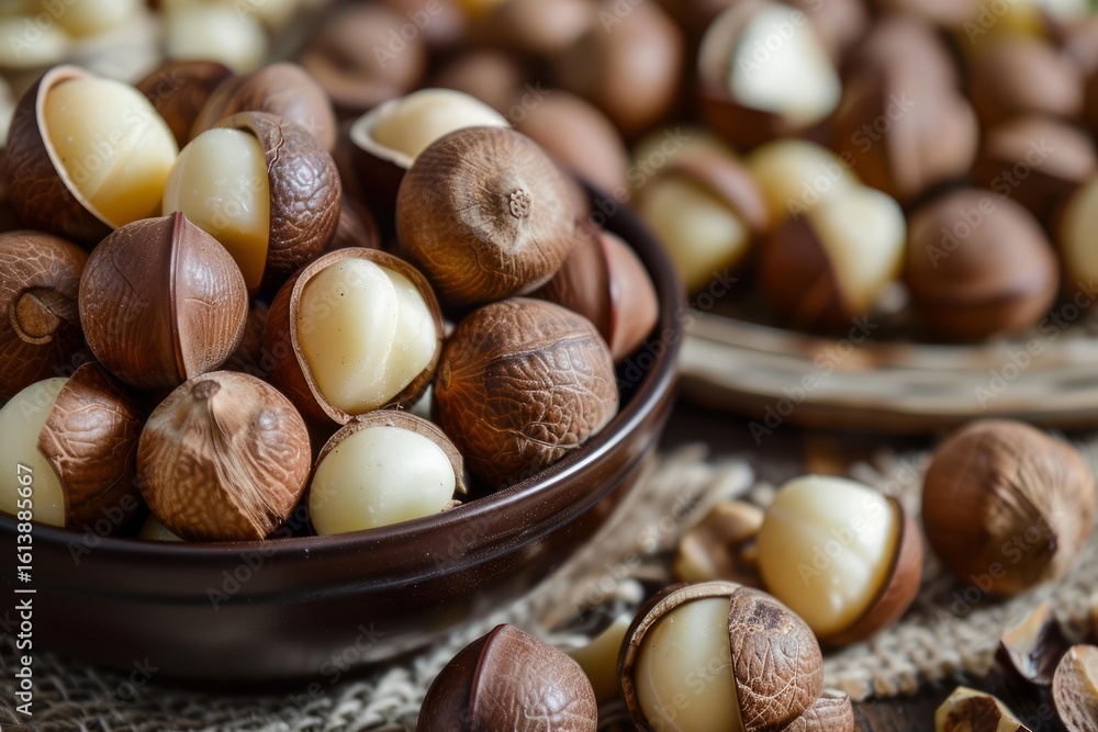 Poster shelled and unshelled macadamia nuts are overflowing a brown bowl, creating a visually appealing arr