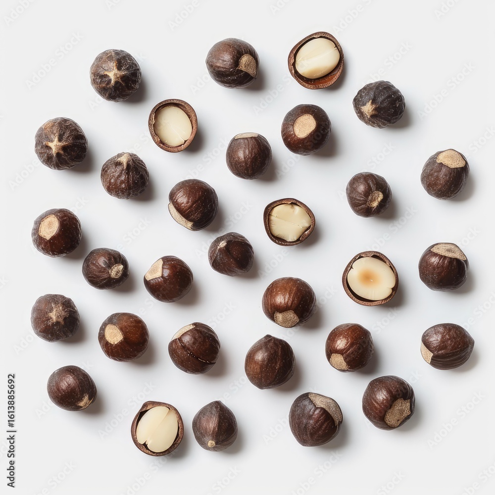 Poster hazelnuts arranged on a white background forming a circle, some showing their shells