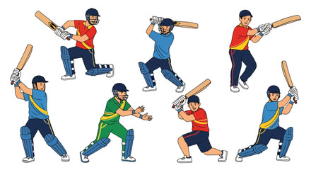Obraz premium flat style illustration set of cricket players in various batting and fielding poses, capturing the dynamic action and competitive spirit of the sport