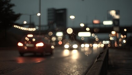 Night city street scene, blurred lights and cars