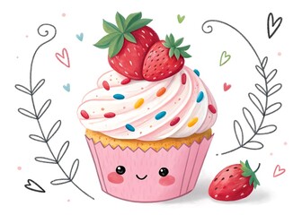 A delightful strawberry cupcake adorned with colorful sprinkles and surrounded by whimsical decorations, isolated on white background