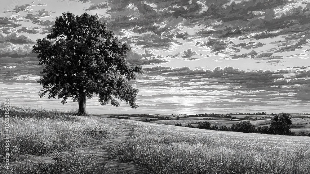 Aufkleber a monochromatic image of a solitary tree standing in a vast open field, with clouds scattered across
