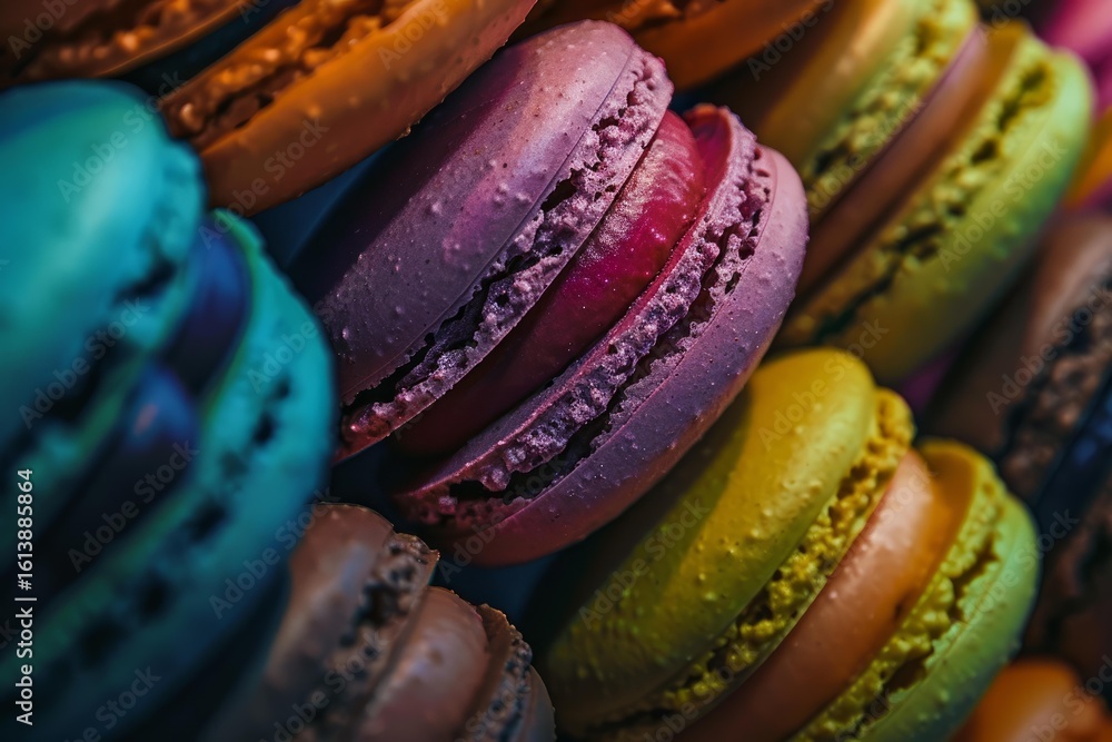 Poster close up of stacked macarons with various colors and flavors, creating an appealing and tempting des